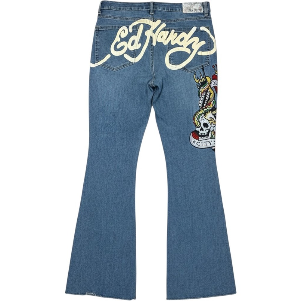 Ed Hardy Love Kills Slowly Jeans 32 Skull Heart Embroidered Y2K Flare Denim